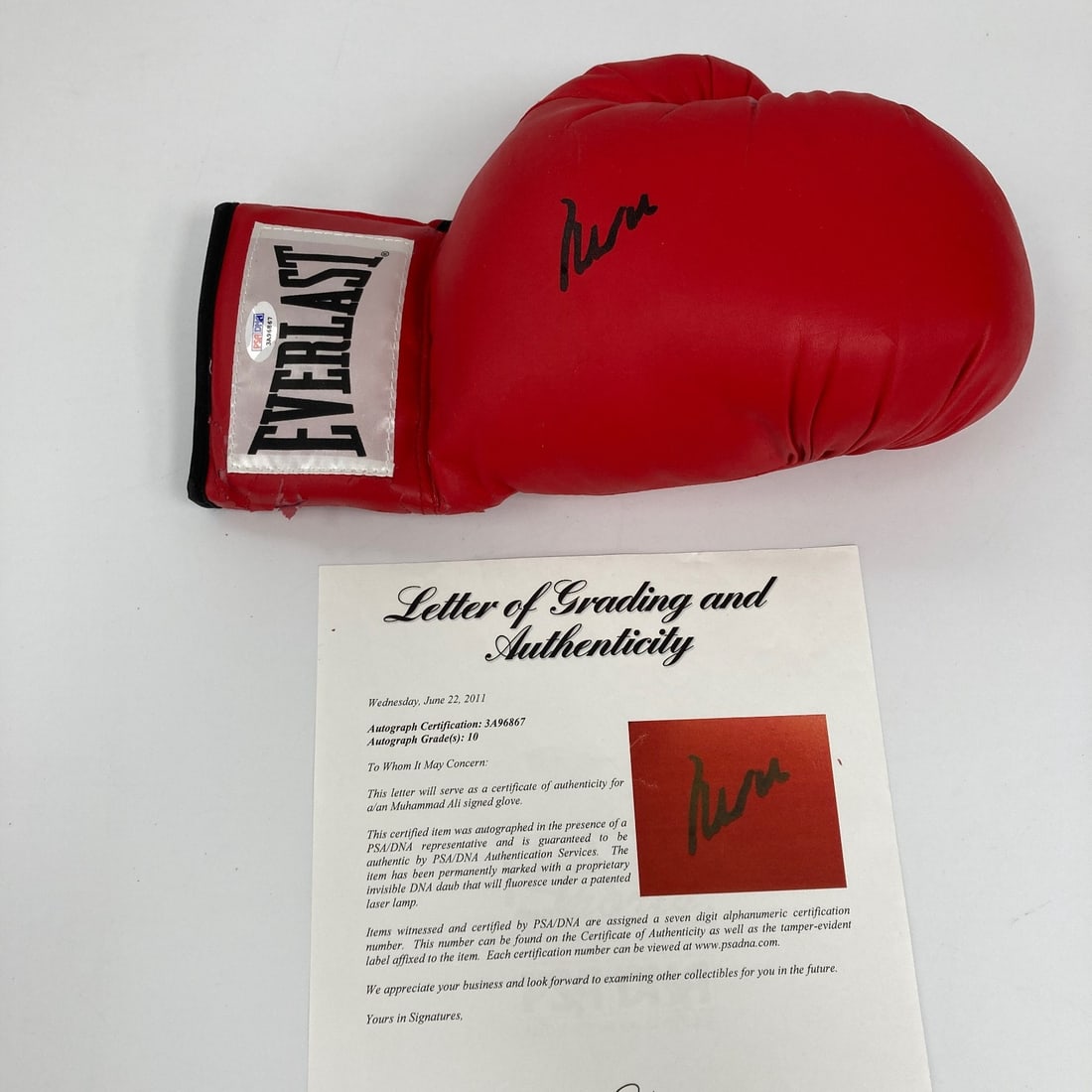 Everlast Boxing Glove Signed by Muhammad Ali PSA DNA GEM MINT 10: Everlast Boxing Glove Signed by Muhammad Ali PSA DNA GEM MINT 10 This is a red Everlast boxing glove signed by Muhammad Ali. The glove has been authenticated by Professional Sports Authenticator (PSA)