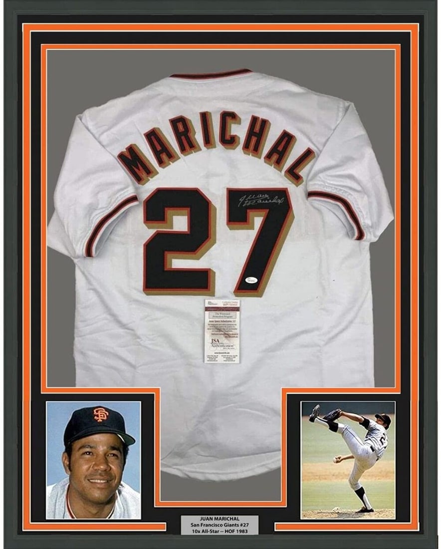 Framed Juan Marichal signed Giants jersey 33x42 JSA COA: Framed Juan Marichal signed Giants jersey 33x42 JSA COA This professionally framed and matted San Francisco Giants white jersey features the autograph of baseball legend Juan Marichal. The display inc