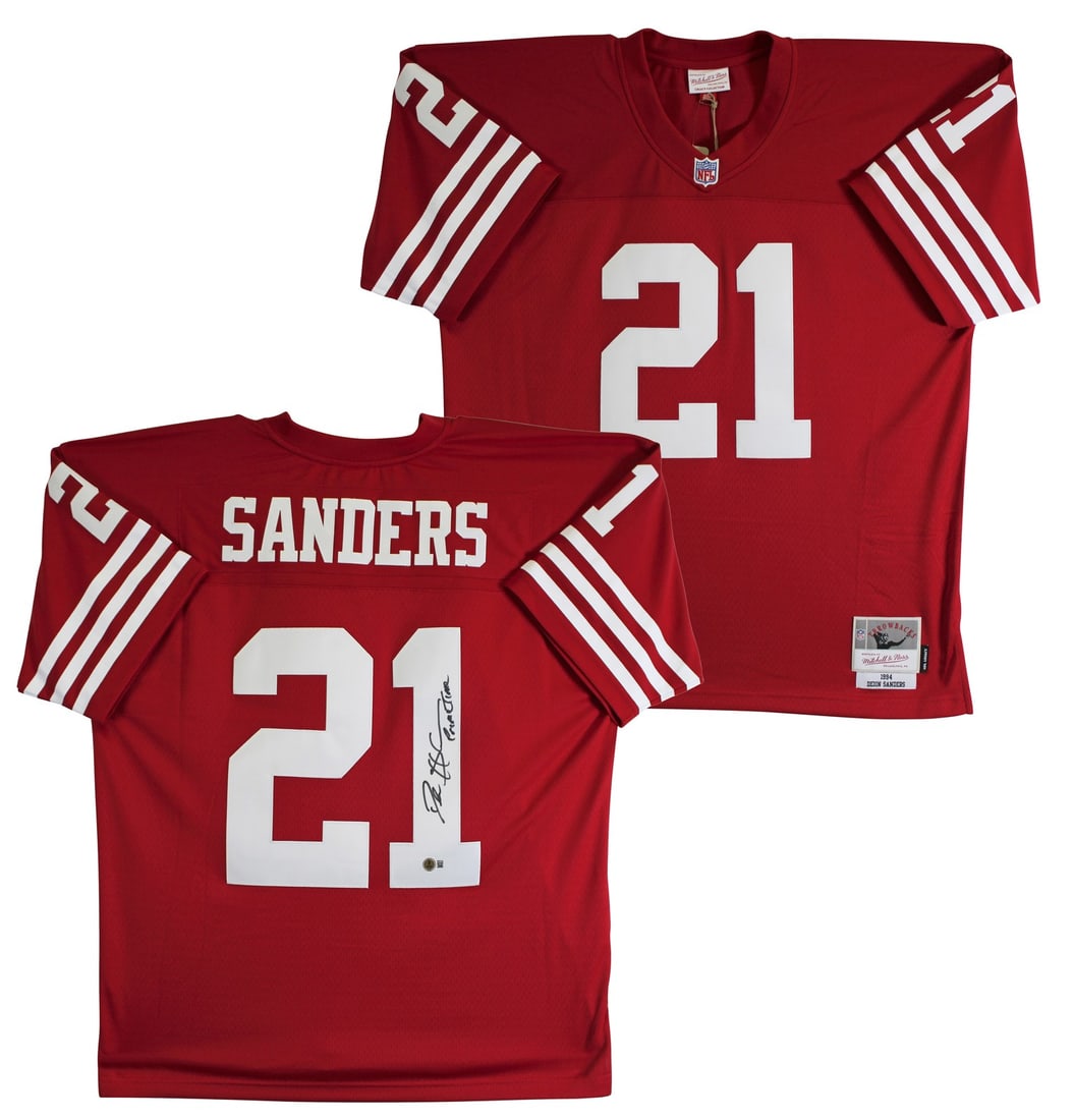 Deion Sanders Signed 49ers Red Jersey with Primetime Inscription BAS Authenticated: Deion Sanders Signed 49ers Red Jersey with Primetime Inscription BAS Authenticated Celebrate your love for football with this authentic Deion Sanders "Primetime" signed red Mitchell & Ness throwback j