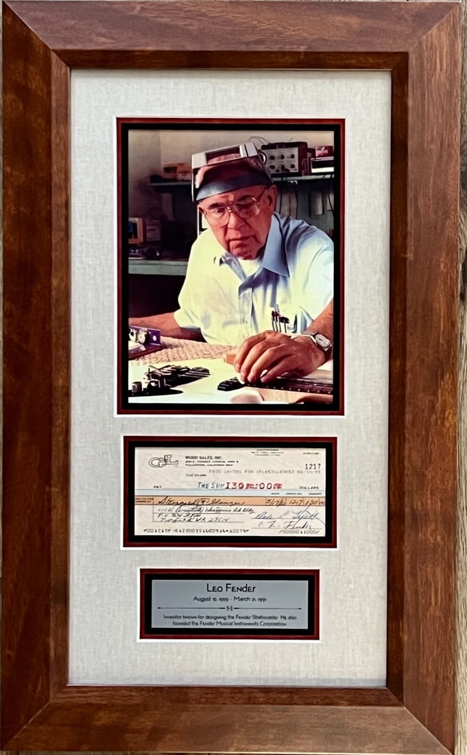 Framed Display of Leo Fender Signed Check 28 x 17 Original: Framed Display of Leo Fender Signed Check 28 x 17 Original This stunning display features a personal check signed by Leo Fender, the legendary creator of the Telecaster, one of the most iconic brands 
