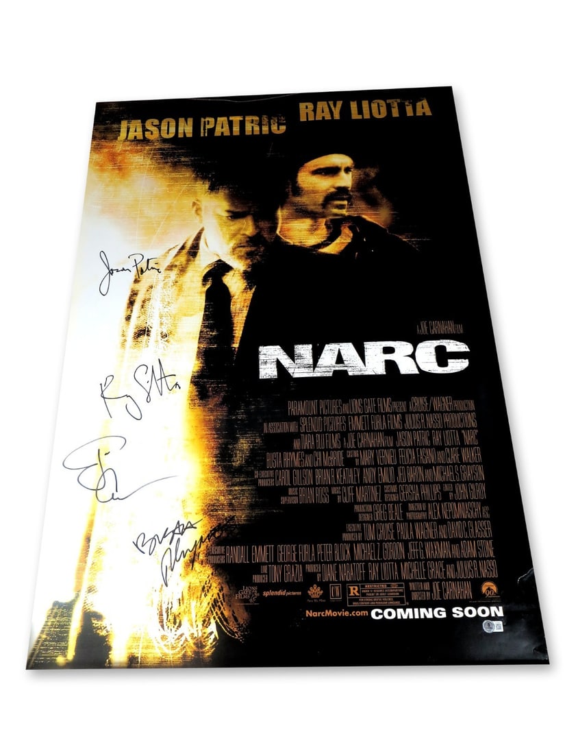Narc Cast Signed 27x40 Poster Jason Patric Ray Liotta Beckett Authenticated: Narc Cast Signed 27x40 Poster Jason Patric Ray Liotta Beckett Authenticated This is an original autographed 27" x 40" poster from the film 'Narc,' featuring signatures from Jason Patric, Ray Liotta, B