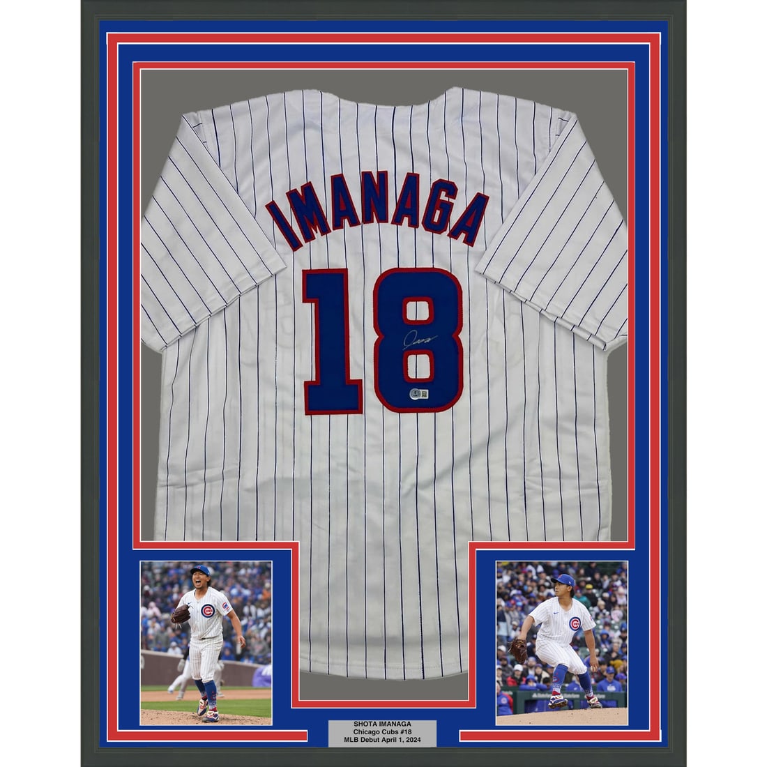 Framed Shota Imanaga Signed Jersey Chicago Cubs Beckett COA 35x39: Framed Shota Imanaga Signed Jersey Chicago Cubs Beckett COA 35x39 This framed autographed jersey features the signature of MLB player Shota Imanaga, prominently displayed against a stylish pinstripe b