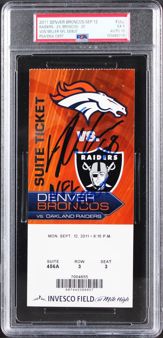 Von Miller Signed NFL Debut Ticket Stub EX 5 Auto 10 PSA/DNA: Von Miller Signed NFL Debut Ticket Stub EX 5 Auto 10 PSA/DNA Celebrate the NFL legacy of Von Miller with this autographed full ticket stub from his debut game on September 12, 2011, against the Oaklan