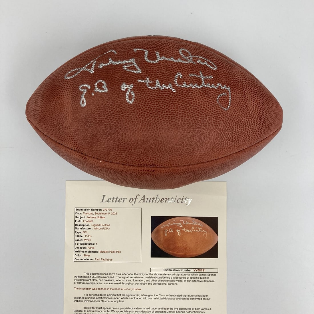 Johnny Unitas Signed NFL Game Football JSA Authentic Baltimore Colts: Johnny Unitas Signed NFL Game Football JSA Authentic Baltimore Colts This is an original signed Wilson NFL Game Football featuring the legendary Johnny Unitas, hailed as the "Quarterback Of The Centur
