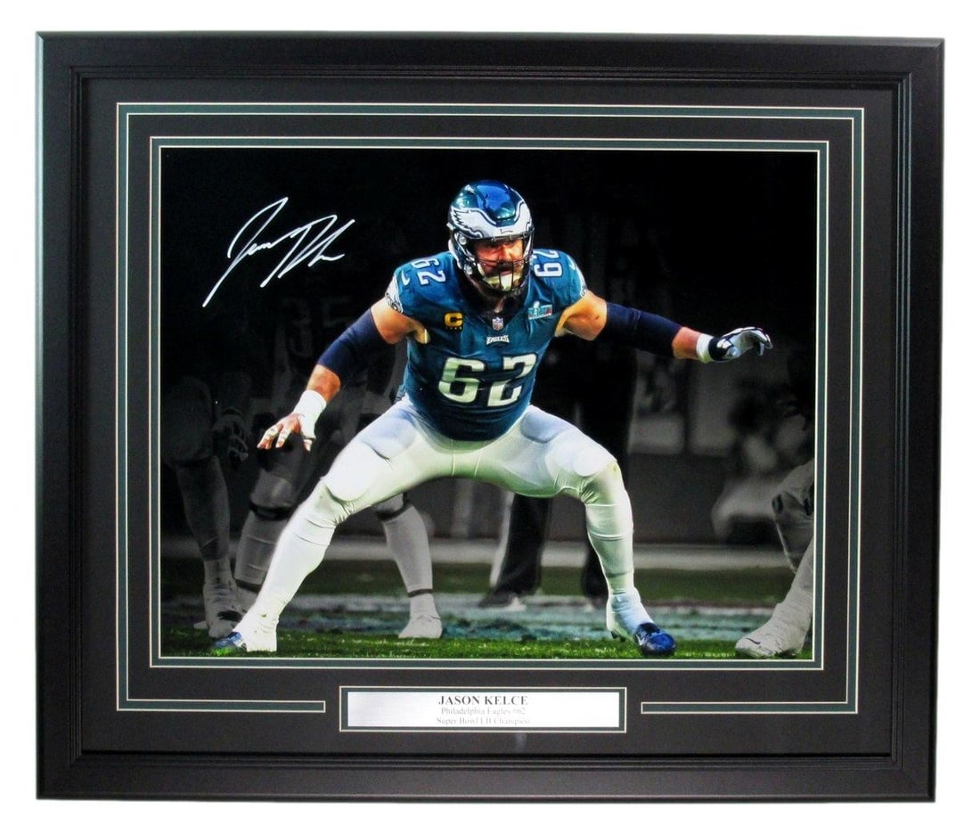 Framed 16x20 Jason Kelce Autographed Philadelphia Eagles Photo PSA DNA Authenticated: Framed 16x20 Jason Kelce Autographed Philadelphia Eagles Photo PSA DNA Authenticated This framed 16x20 photo features the signature of Jason Kelce of the Philadelphia Eagles. The item is authenticated