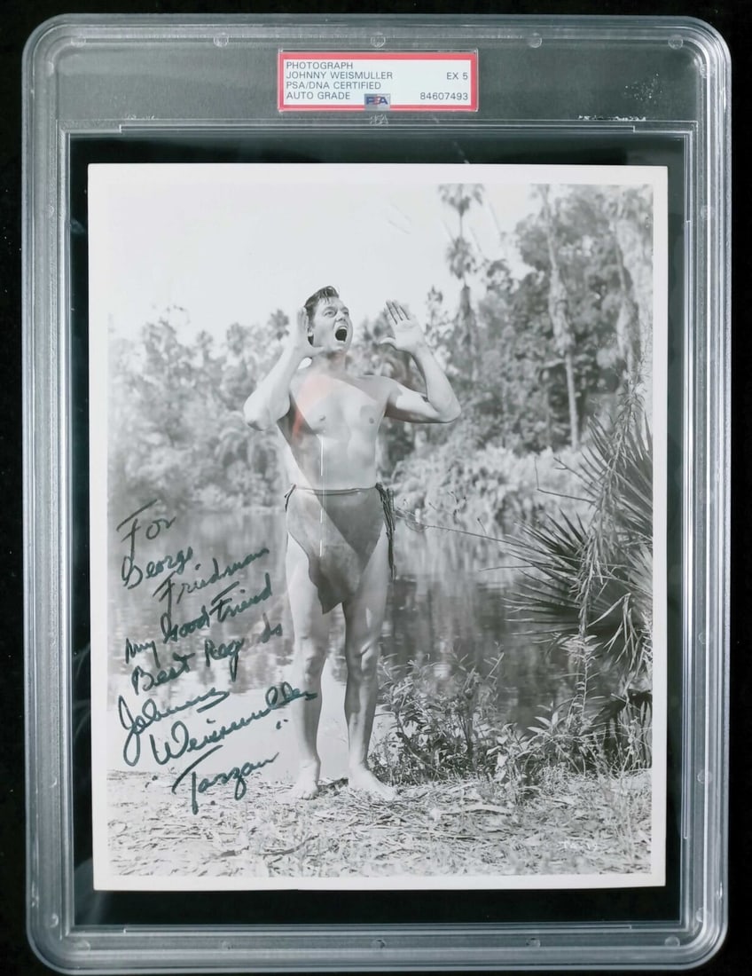 Johnny Weissmuller Signed 8x10 Photo PSA EX 5 Tarzan: Johnny Weissmuller Signed 8x10 Photo PSA EX 5 Tarzan This item features an original 8"x10" black and white photograph of Johnny Weissmuller in his iconic role as Tarzan. The photograph is autographed 
