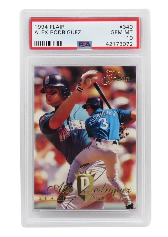 Alex Rodriguez 1994 Flair #340 Rookie Card PSA 10 Gem Mint Mariners: Alex Rodriguez 1994 Flair #340 Rookie Card PSA 10 Gem Mint Mariners This listing features an Alex Rodriguez 1994 Flair #340 rookie card, encapsulated and graded Gem Mint 10 by Professional Sports Auth