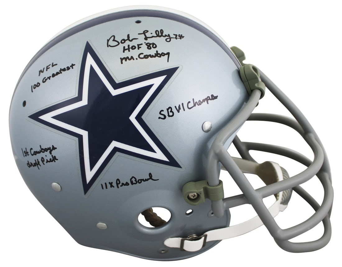 Bob Lilly autographed Dallas Cowboys full size Riddell TK 2 helmet Beckett: Bob Lilly autographed Dallas Cowboys full size Riddell TK 2 helmet Beckett This authentic Riddell TK 2 Suspension Full Size Proline helmet has been personally signed by Bob Lilly of the Dallas Cowboys