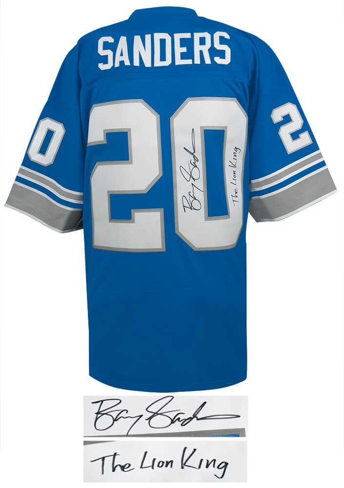 Barry Sanders Signed 1996 Lions Jersey with Lion King Inscription COA: Barry Sanders Signed 1996 Lions Jersey with Lion King Inscription COA This is a signed Barry Sanders Detroit Lions blue 1996 throwback Mitchell & Ness NFL Legacy football jersey, featuring the inscrip