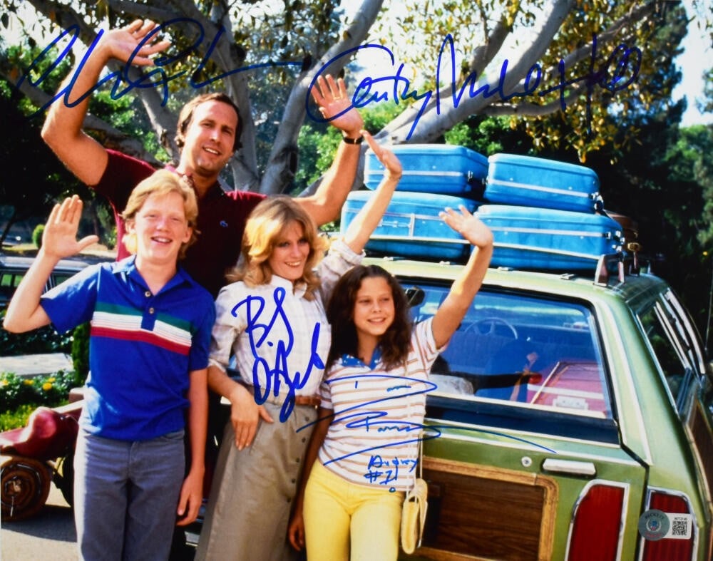 Beckett signed 11x14 Family Vacation photograph by Chevy Chase and cast: Beckett signed 11x14 Family Vacation photograph by Chevy Chase and cast This 11x14 photograph from the movie "Family Vacation" is autographed by Chevy Chase, Anthony Michael Hall, Beverly D'Angelo, an