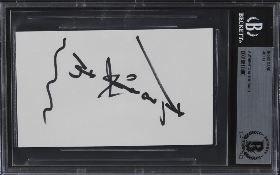 Jet Li Signed 3x5 Index Card Slabbed by Beckett Romeo Must Die Autograph: Jet Li Signed 3x5 Index Card Slabbed by Beckett Romeo Must Die Autograph This 3x5 index card features a genuine autograph by Jet Li from the film "Romeo Must Die." The card has been authenticated and 