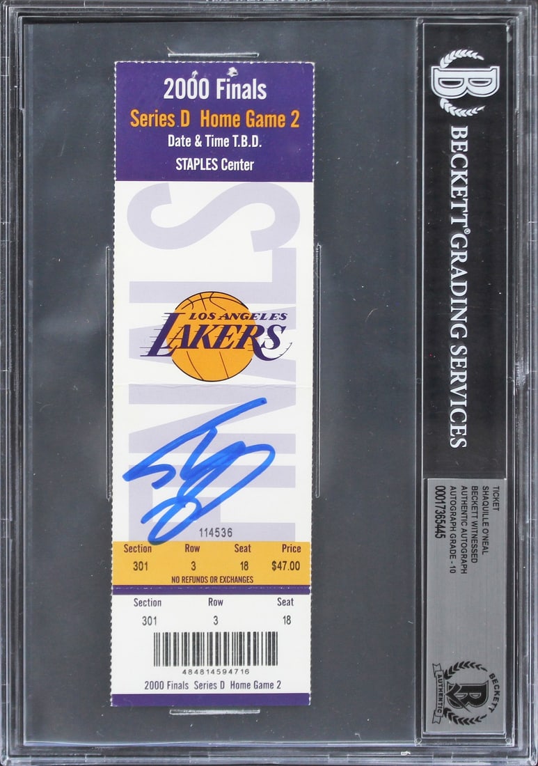 Shaquille O'Neal Signed 2000 NBA Finals Game 2 Ticket Gem Mint 10 Beckett Authenticated: Shaquille O'Neal Signed 2000 NBA Finals Game 2 Ticket Gem Mint 10 Beckett Authenticated This 2000 NBA Finals Game 2 ticket stub is a remarkable collectible, personally signed by basketball legend Shaq