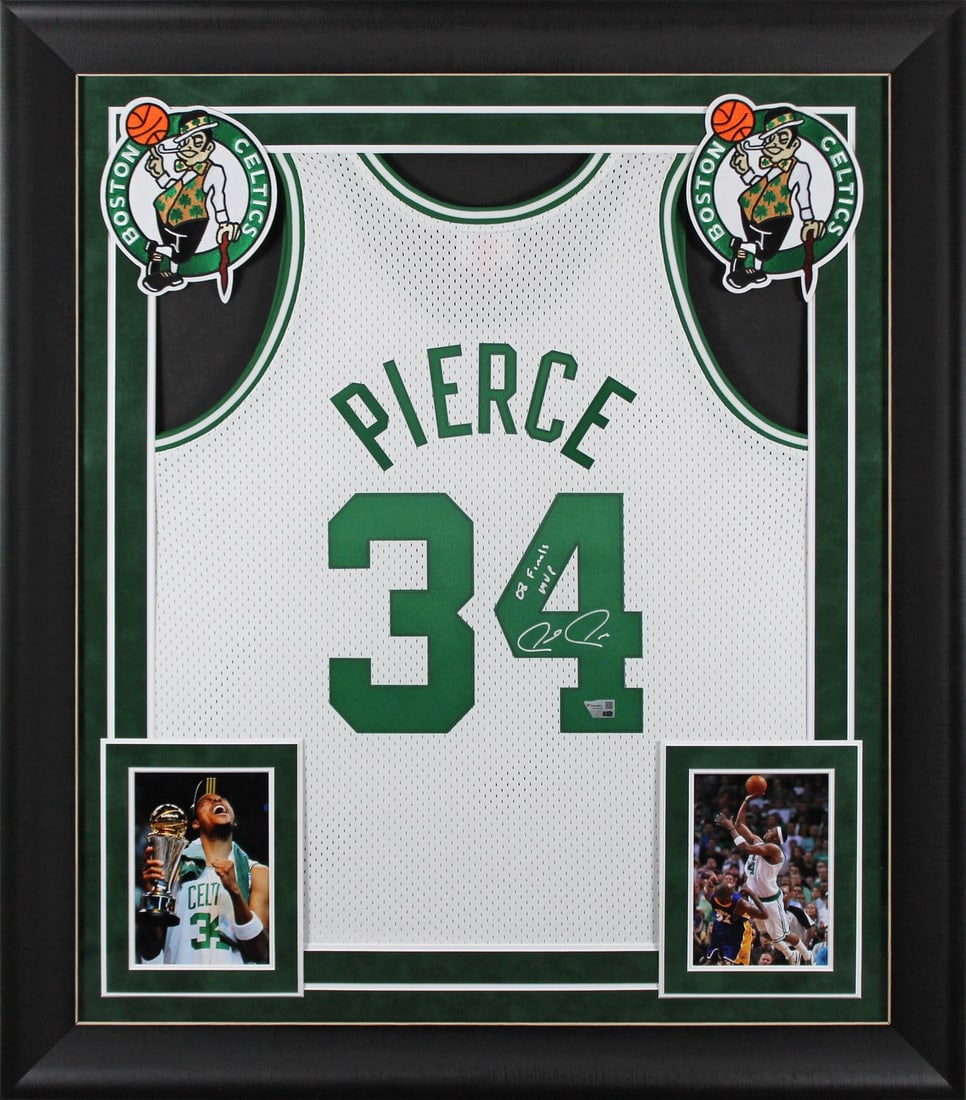 Paul Pierce autographed Celtics framed jersey with 08 Finals MVP inscription: Paul Pierce autographed Celtics framed jersey with 08 Finals MVP inscription This framed white Mitchell & Ness 2007 Hardwood Classics Swingman jersey features the Boston Celtics and is personally sign