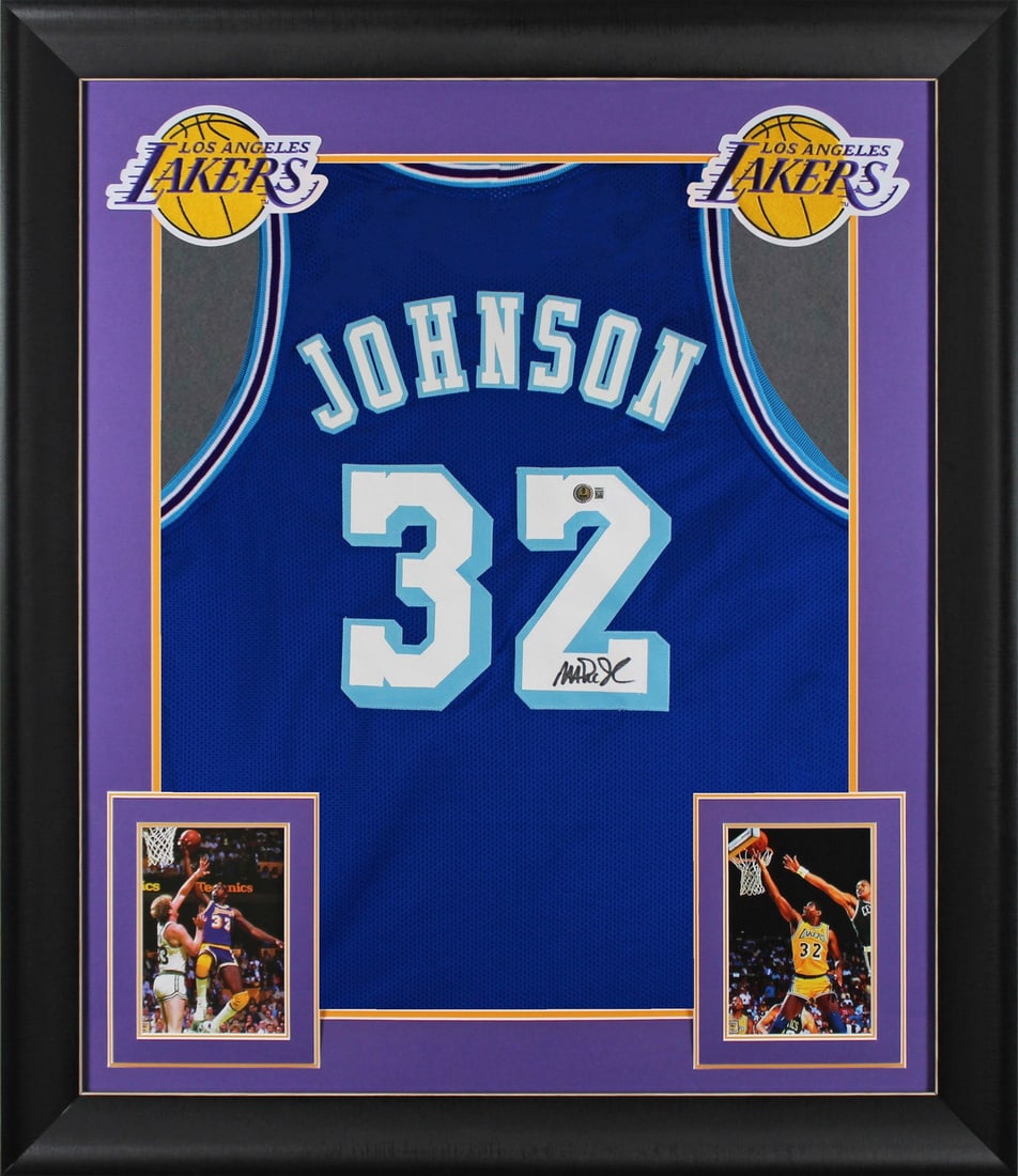 Magic Johnson Signed Blue Lakers Throwback Framed Jersey BAS Witnessed (1 of 2)