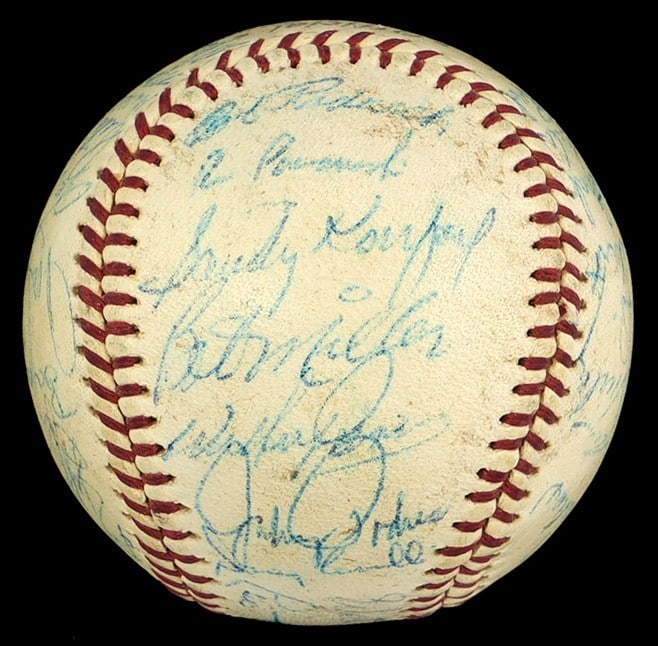 1963 Dodgers Team Signed Baseball Koufax Durocher JSA COA 35 Signatures: 1963 Dodgers Team Signed Baseball Koufax Durocher JSA COA 35 Signatures This official ONL/Giles baseball is a remarkable piece of sports memorabilia commemorating the 1963 Los Angeles Dodgers World Se