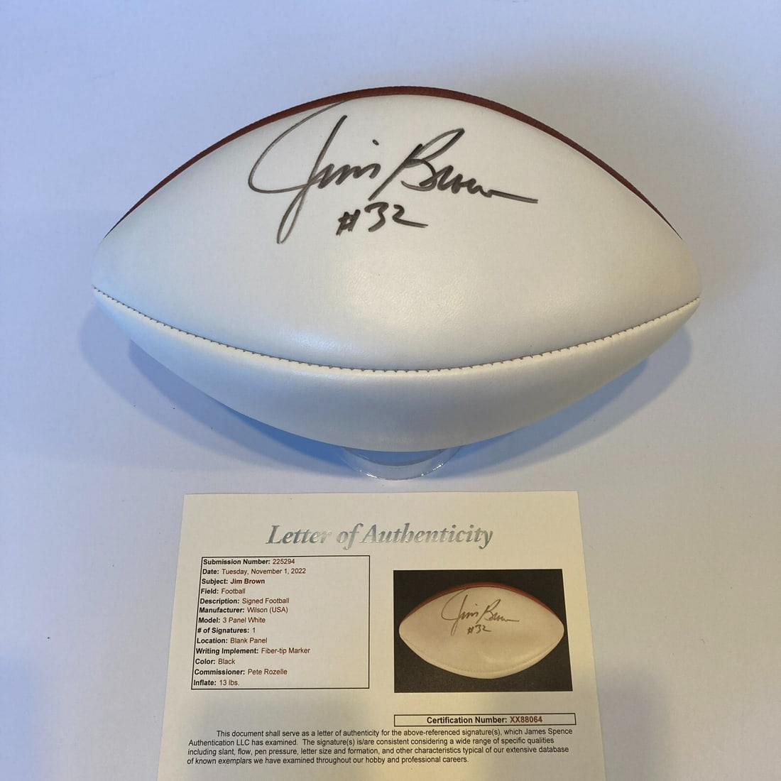 Jim Brown #32 Signed Wilson NFL Football with JSA COA: Jim Brown #32 Signed Wilson NFL Football with JSA COA This official Wilson NFL football features the iconic signature of Jim Brown, #32, one of the greatest football players in history. Authenticated 