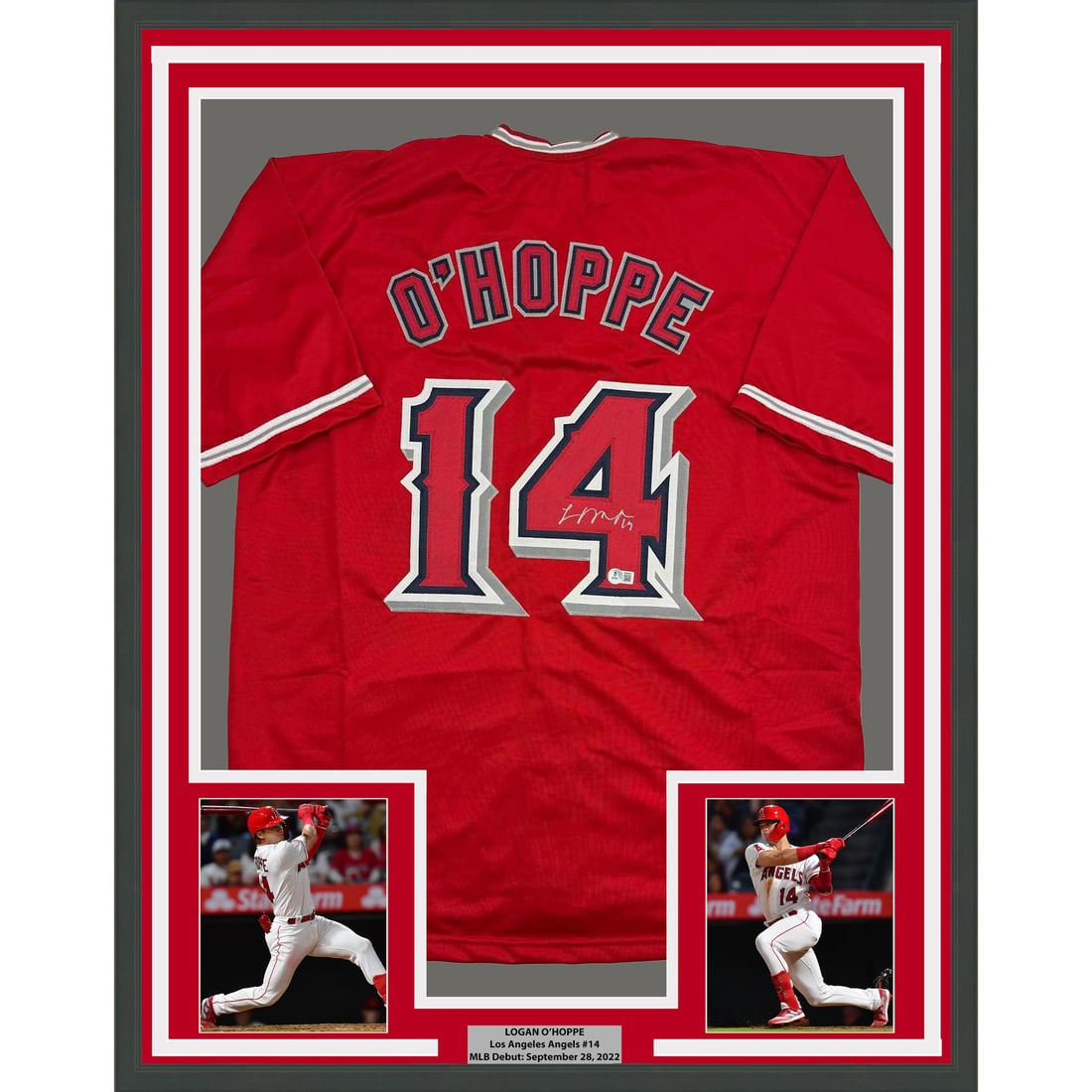 Logan O'Hoppe Signed Los Angeles Angels Jersey 35x39 Framed BAS Authenticated: Logan O'Hoppe Signed Los Angeles Angels Jersey 35x39 Framed BAS Authenticated This professionally framed and matted display features a red Los Angeles Angels of Anaheim jersey autographed by Logan O'H