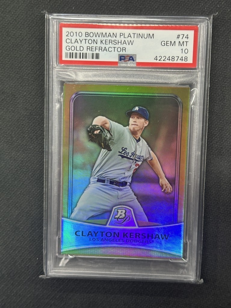 Clayton Kershaw 2010 Bowman Platinum Gold Refractor PSA 10 #74 Dodgers: Clayton Kershaw 2010 Bowman Platinum Gold Refractor PSA 10 #74 Dodgers This is a 2010 Bowman Platinum Gold Refractor baseball card featuring Clayton Kershaw, a standout player for the Los Angeles Dodg