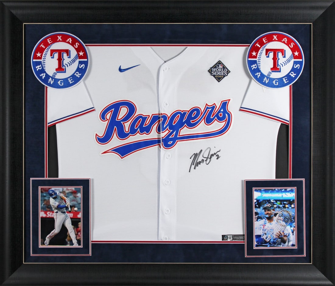 Framed White Nike Jersey Marcus Semien Signed 2023 World Series Patch BAS (1 of 2)