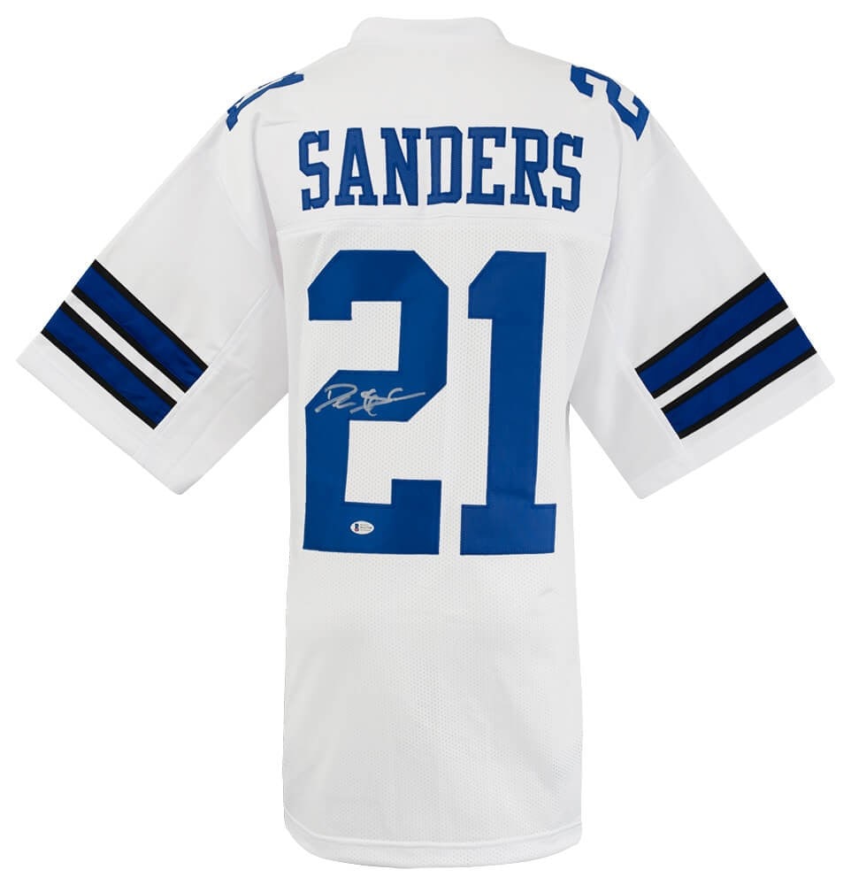 Autographed Deion Sanders Dallas Cowboys Custom Jersey with Beckett Certificate: Autographed Deion Sanders Dallas Cowboys Custom Jersey with Beckett Certificate This is a pre-owned white custom football jersey signed by Deion Sanders of the Dallas Cowboys. The autograph is authent