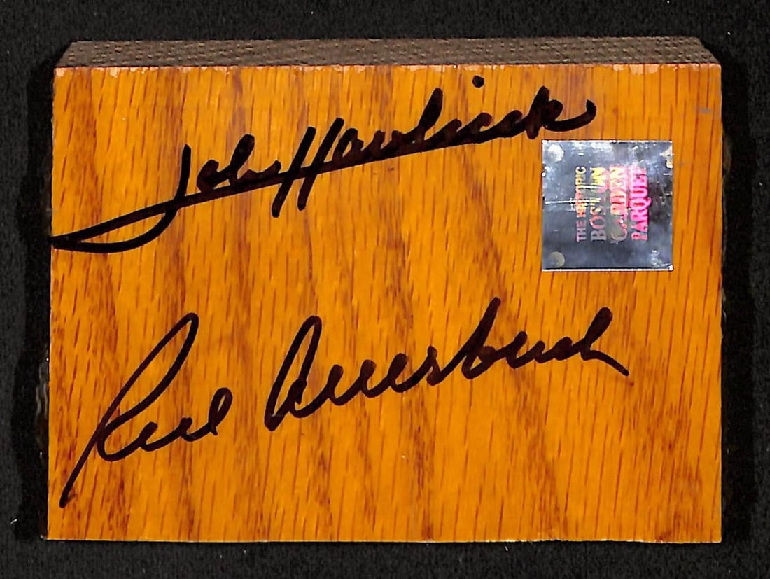 Boston Garden Parquet Floorboard Signed by Red Auerbach and John Havlicek PSA Authenticated: Boston Garden Parquet Floorboard Signed by Red Auerbach and John Havlicek PSA Authenticated This is an authentic piece of the historic Boston Garden parquet floor, measuring 4" x 3" x 1", personally a