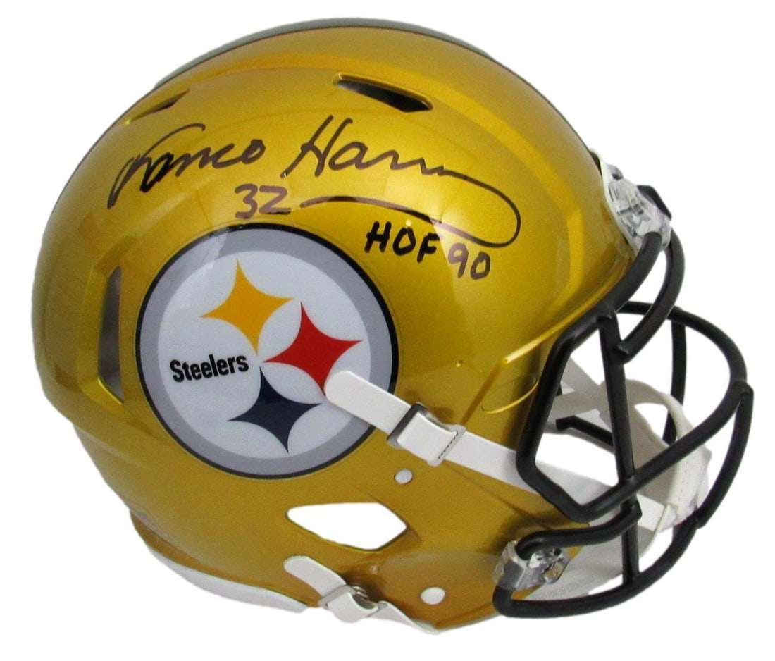 Franco Harris Signed Pittsburgh Steelers Full Size Flash Helmet HOF 90 BAS Beckett: Franco Harris Signed Pittsburgh Steelers Full Size Flash Helmet HOF 90 BAS Beckett This is a full-size flash authentic football helmet signed and inscribed by Franco Harris with "HOF 90". The helmet f