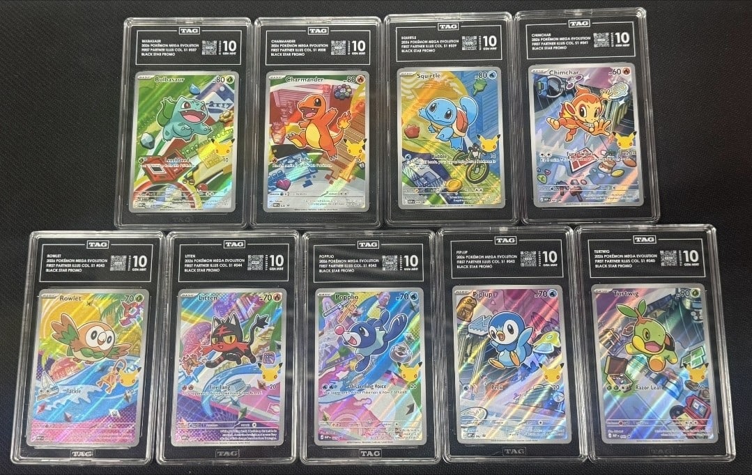 Complete 9 Card First Partner Promo Set TAG 10 Pokemon Starters: Complete 9 Card First Partner Promo Set TAG 10 Pokemon Starters This is a complete set of nine First Partner Pokemon Promo cards from the 2026 Pokemon Mega Evolution Black Star Promos, First Partner I