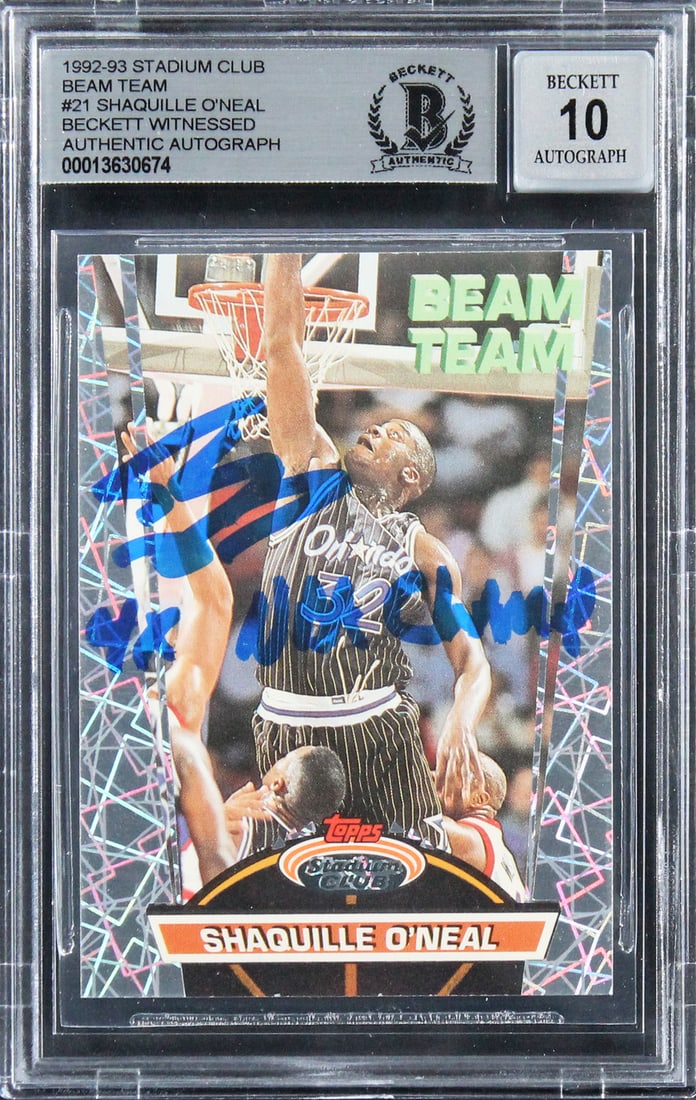 Shaquille O'Neal 1992 Beam Team Rookie Card Signed Gem Mint 10 Beckett Slab: Shaquille O'Neal 1992 Beam Team Rookie Card Signed Gem Mint 10 Beckett Slab This is a 1992 Stadium Club Beam Team #21 rookie card featuring Shaquille O'Neal of the Orlando Magic. The card has been per