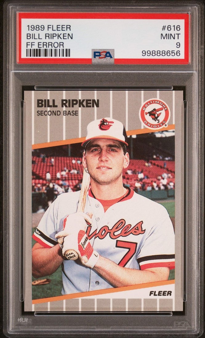 PSA 9 Mint 1989 Fleer Bill Ripken FF Error Card #616 Baltimore Orioles: PSA 9 Mint 1989 Fleer Bill Ripken FF Error Card #616 Baltimore Orioles This is an original 1989 Fleer Bill Ripken #616 FF Error baseball card featuring Bill Ripken of the Baltimore Orioles. The card h