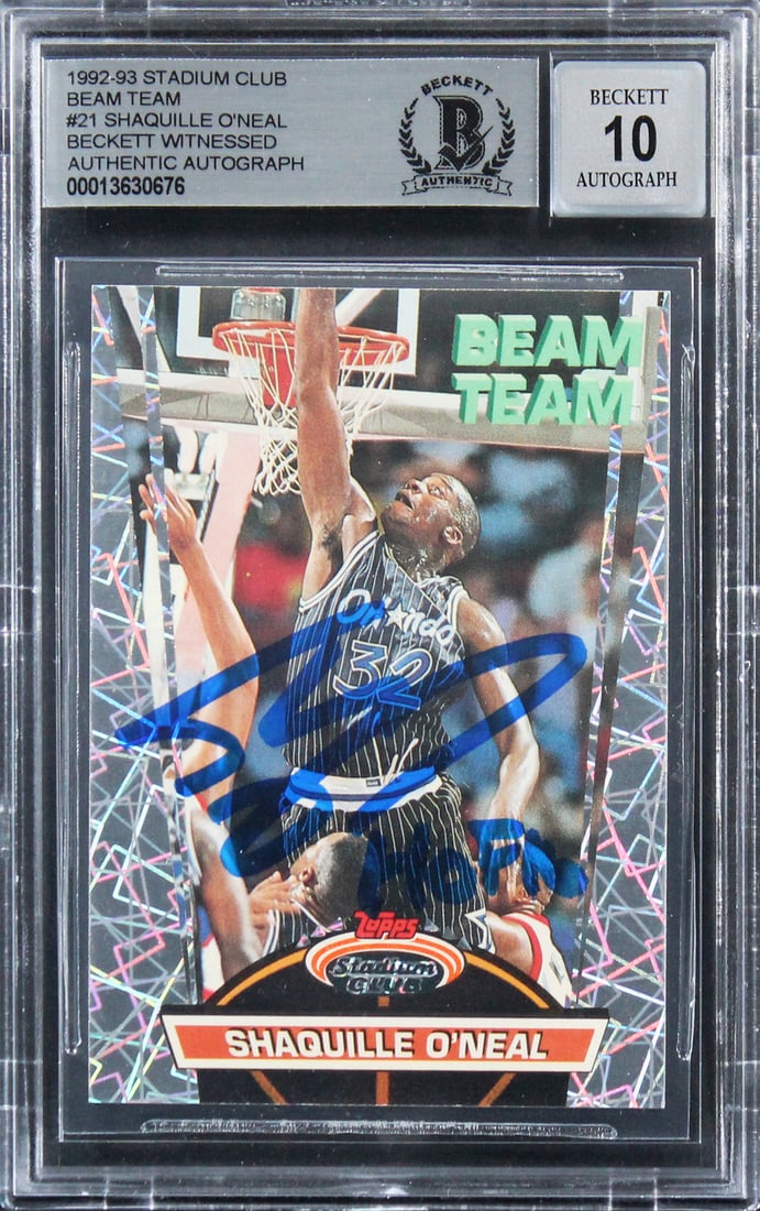 Shaquille O'Neal Signed 1992 Stadium Club Beam Team RC Gem Mint 10 Beckett: Shaquille O'Neal Signed 1992 Stadium Club Beam Team RC Gem Mint 10 Beckett Celebrate the legacy of basketball legend Shaquille O'Neal with this autographed 1992 Stadium Club Beam Team rookie card. Thi