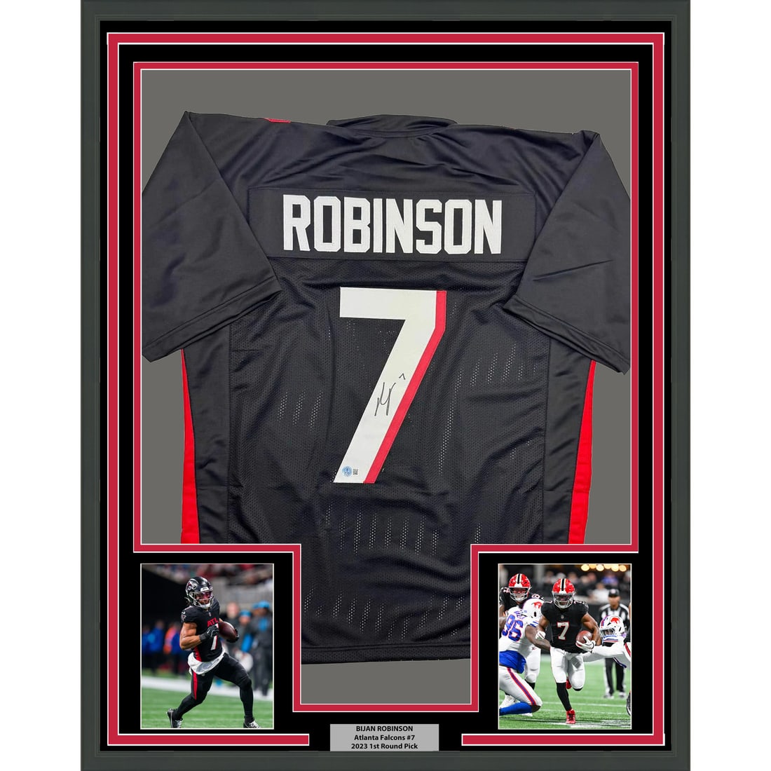 Bijan Robinson Signed Atlanta Jersey Display 35x39 Framed With Beckett Authentication: Bijan Robinson Signed Atlanta Jersey Display 35x39 Framed With Beckett Authentication This framed Atlanta Falcons black jersey has been autographed by Bijan Robinson. The jersey is professionally fram