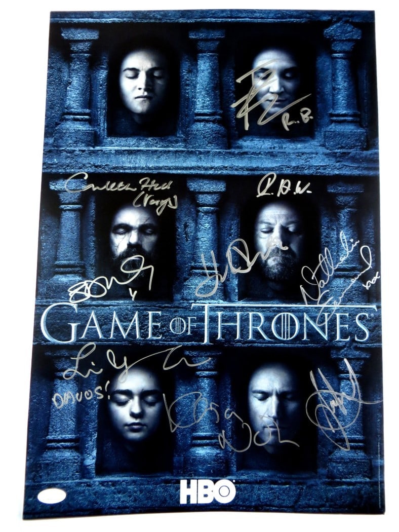 Game of Thrones Multi Signed 13x20 Poster 9 Autographs JSA: Game of Thrones Multi Signed 13x20 Poster 9 Autographs JSA This is a remarkable multi-signed poster from the acclaimed series Game of Thrones, measuring 13 3/8 x 19 3/4 inches. Authentically signed by