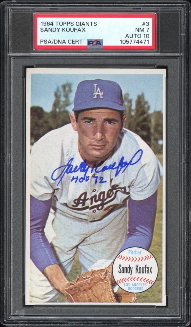Sandy Koufax 1964 Topps Giants Signed HOF 72 PSA 7 Card: Sandy Koufax 1964 Topps Giants Signed HOF 72 PSA 7 Card This is a remarkable 1964 Topps Giants baseball card featuring Hall of Famer Sandy Koufax, hand-signed and inscribed with "HOF 72." The card, gr