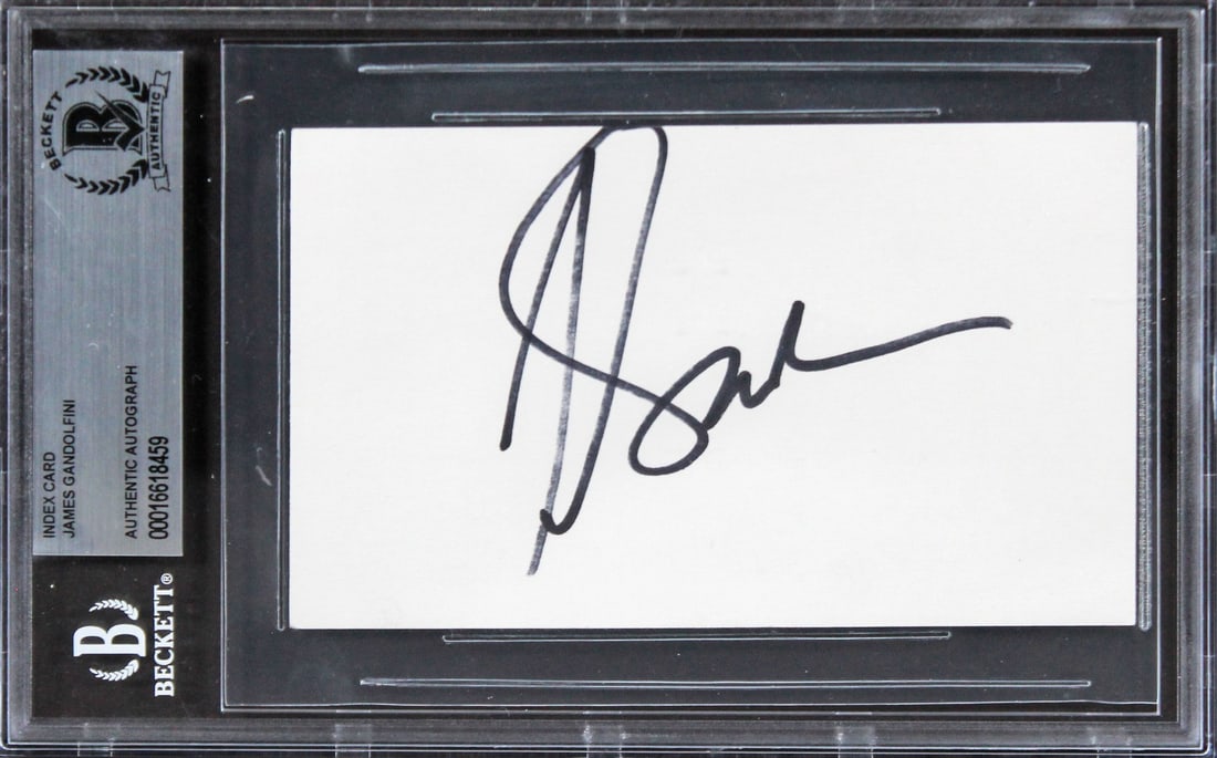 Beckett Authenticated James Gandolfini Signed 3x5 Card From The Sopranos: Beckett Authenticated James Gandolfini Signed 3x5 Card From The Sopranos This is an autographed 3x5 index card personally signed by James Gandolfini, known for his role on The Sopranos. The signature 