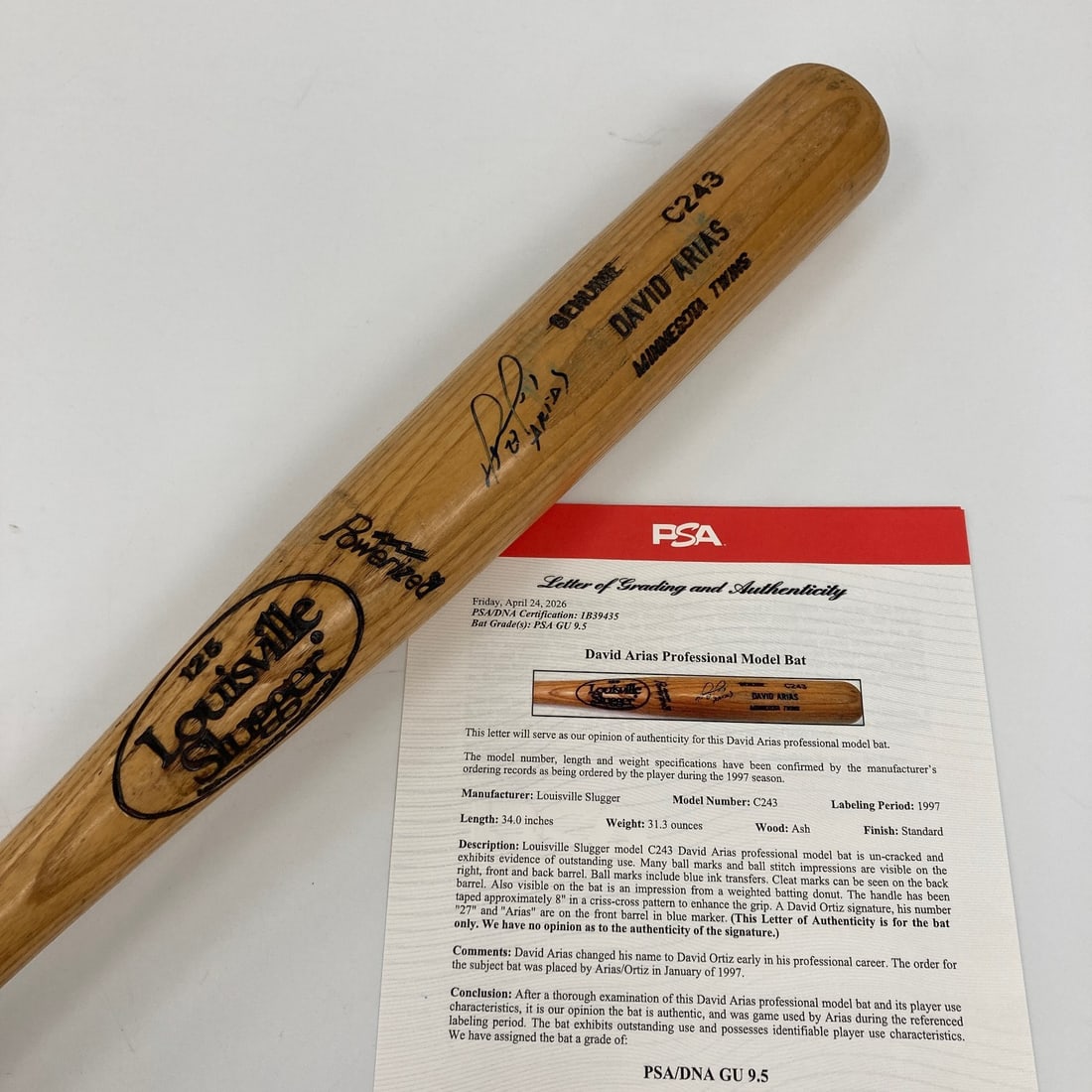 Signed game used David Ortiz rookie bat PSA DNA 9.5 1/1: Signed game used David Ortiz rookie bat PSA DNA 9.5 1/1 This exceedingly rare 1997 David Ortiz rookie bat was used during his debut season with the Minnesota Twins, prior to his legal name change from