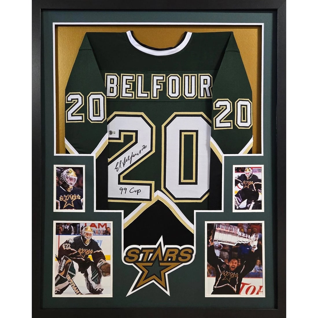 Ed Belfour Signed Framed Jersey Dallas Stars Beckett Authenticated: Ed Belfour Signed Framed Jersey Dallas Stars Beckett Authenticated This autographed Ed Belfour framed jersey is a stunning display piece for any Dallas Stars fan. Authenticated by Beckett, a leader in