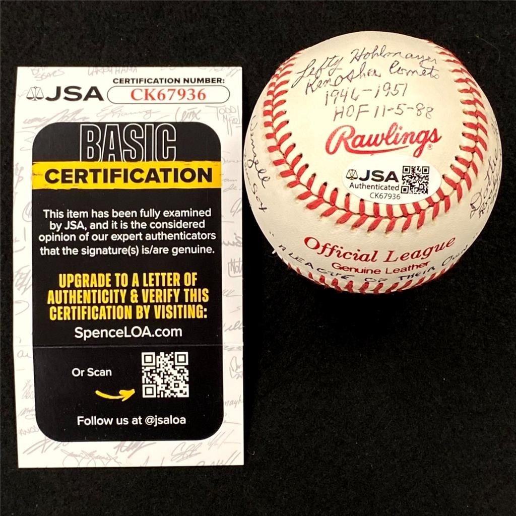 A League of Their Own autographed baseball JSA signed by 5: A League of Their Own autographed baseball JSA signed by 5 This is an original baseball signed by five individuals associated with "A League of Their Own." The autographs have been authenticated by Ja