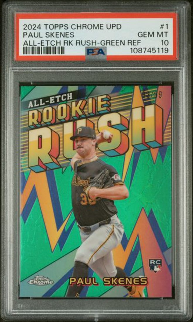 2024 Topps Chrome Paul Skenes #1 /99 Green Refractor PSA 10: 2024 Topps Chrome Paul Skenes #1 /99 Green Refractor PSA 10 This is a graded 2024 Topps Chrome Paul Skenes #1 /99 All Etch RR Green Refractor card, achieving a remarkable PSA 10 grade. The card featur