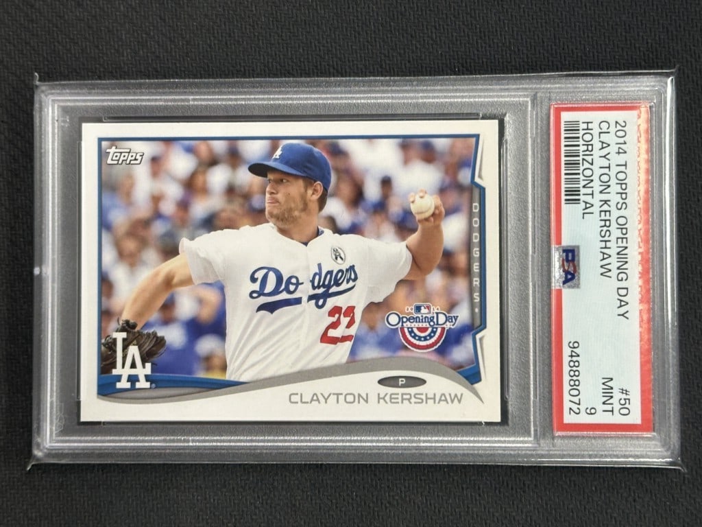 Clayton Kershaw 2014 Topps Opening Day Horizontal PSA 9 Dodgers Card #50: Clayton Kershaw 2014 Topps Opening Day Horizontal PSA 9 Dodgers Card #50 This is a 2014 Topps Opening Day Horizontal Baseball Card featuring Clayton Kershaw, renowned pitcher for the Los Angeles Dodge