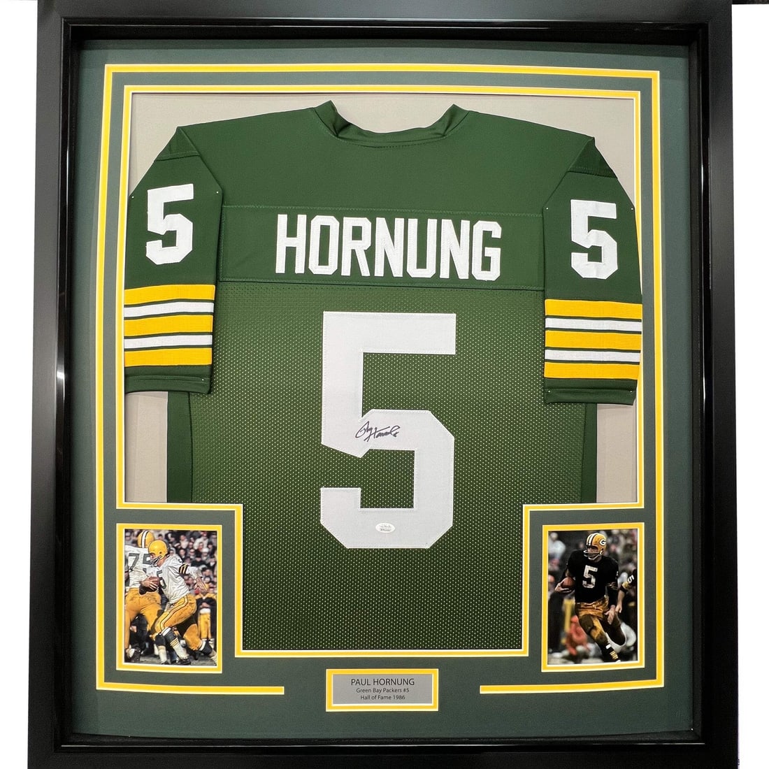 Framed Paul Hornung Signed Green Bay Packers Jersey JSA COA 33x42: Framed Paul Hornung Signed Green Bay Packers Jersey JSA COA 33x42 This professionally framed and matted Green Bay Packers jersey features the authentic signature of Paul Hornung. The display includes 