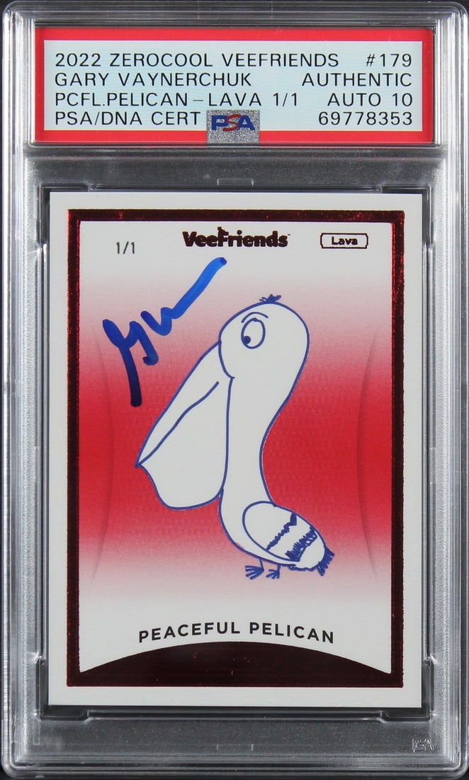 PSA 10 Gem Mint Gary Vaynerchuck 2022 Peaceful Pelican Lava Card Signed Slabbed: PSA 10 Gem Mint Gary Vaynerchuck 2022 Peaceful Pelican Lava Card Signed Slabbed This is a 2022 Peaceful Pelican Lava 179 1/1 card, personally signed by Gary Vaynerchuck. The card is authenticated and 
