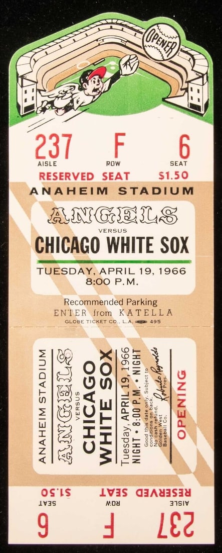 1966 California Angels First Game Full Ticket Signed MLB: 1966 California Angels First Game Full Ticket Signed MLB Celebrate a piece of baseball history with this original full ticket from the California Angels' first game at Anaheim Stadium on April 19, 196