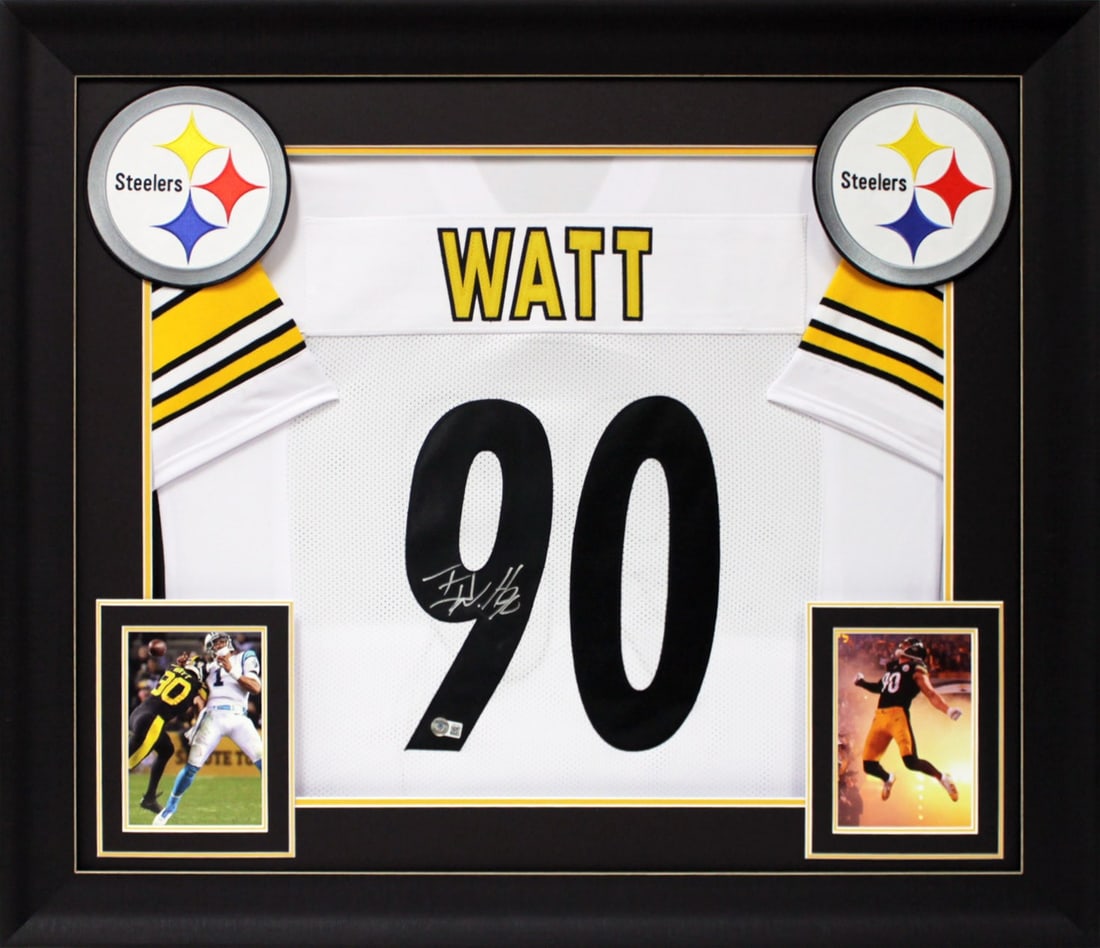 T.J. Watt Signed Framed White Pro Style Jersey BAS Witnessed: T.J. Watt Signed Framed White Pro Style Jersey BAS Witnessed Celebrate your passion for football with this authentic signed white pro style jersey featuring T.J. Watt of the Pittsburgh Steelers. This 