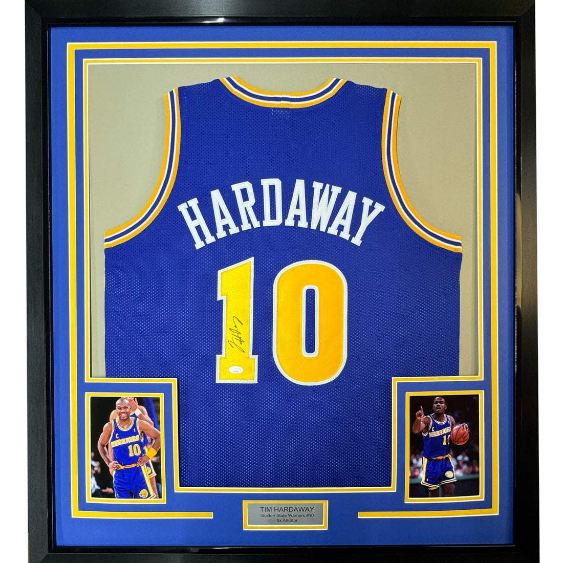 Framed Tim Hardaway signed Warriors blue jersey 33x42 JSA COA: Framed Tim Hardaway signed Warriors blue jersey 33x42 JSA COA This professionally framed and matted Golden State Warriors blue jersey is autographed by Tim Hardaway. The display includes two 8x10 phot
