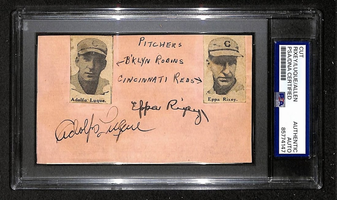 Baseball Signed 3x5 Index Card by Eppa Rixey Dolf Luque Ethan Allen PSA Authenticated: Baseball Signed 3x5 Index Card by Eppa Rixey Dolf Luque Ethan Allen PSA Authenticated This 3x5 cut index card features authentic signatures from Baseball Hall of Famer Eppa Rixey, as well as Dolf Luqu