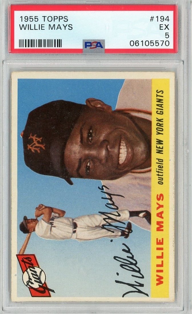 PSA 5 Willie Mays 1955 Topps #194 Baseball Trading Card: PSA 5 Willie Mays 1955 Topps #194 Baseball Trading Card This is a 1955 Topps Willie Mays #194 baseball card, professionally graded and encapsulated by Professional Sports Authenticator (PSA) with a gr