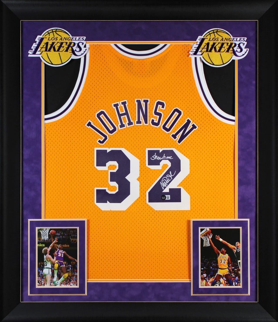 Framed Magic Johnson Autographed Lakers Yellow Jersey With Showtime Inscription Beckett BAS: Framed Magic Johnson Autographed Lakers Yellow Jersey With Showtime Inscription Beckett BAS This framed yellow Mitchell & Ness Hardwood Classics Swingman jersey features Magic Johnson's authentic sign