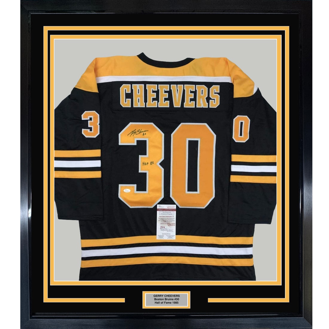Framed Autographed Gerry Cheevers Jersey 33x42 Boston Bruins JSA COA: Framed Autographed Gerry Cheevers Jersey 33x42 Boston Bruins JSA COA This professionally framed autographed jersey of Hockey Hall of Famer Gerry Cheevers is a must-have for any Boston Bruins fan. The 