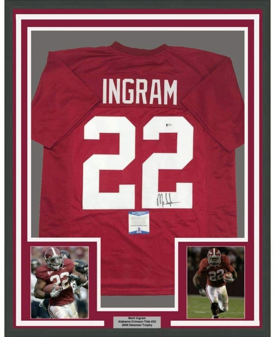 Mark Ingram Signed Alabama Crimson Tide Framed Jersey Beckett BAS COA 35x39: Mark Ingram Signed Alabama Crimson Tide Framed Jersey Beckett BAS COA 35x39 This professionally framed and matted display features a red Alabama Crimson Tide jersey autographed by Mark Ingram. The fra