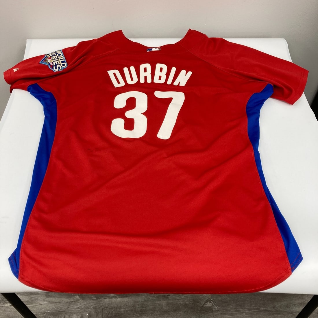 Chad Durbin 2009 Phillies Game Used World Series Majestic Jersey: Chad Durbin 2009 Phillies Game Used World Series Majestic Jersey This is a game-used batting practice jersey worn by Chad Durbin during the 2009 World Series with the Philadelphia Phillies. Made by Ma